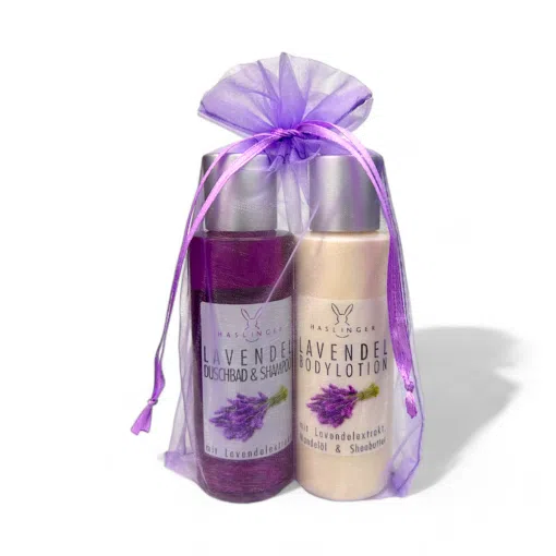 Haslinger Geschenkset Lavendel 2x100ml, 1x Duschbad & Shampoo & 1x Bodylotion, im Organzabeutel