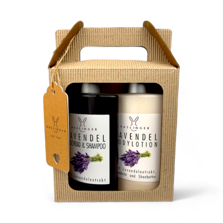 Haslinger Geschenk-Set Tragekarton Lavendel, 1x Shampoo 200ml, 1x Bodylotion 200ml