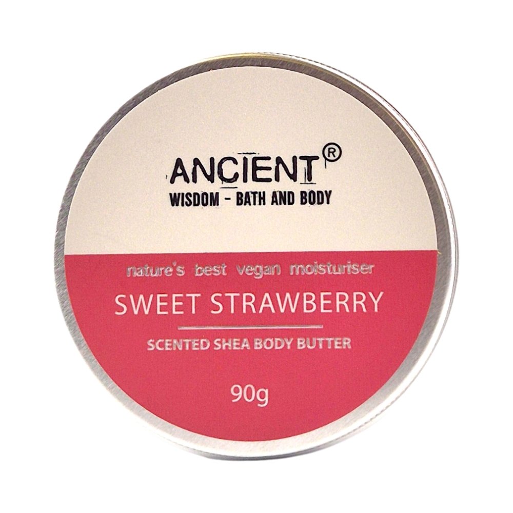 Ancient Wisdom Shea Körperbutter Sweet Strawberry 90g, verführerisch duftend nach Erdbeer