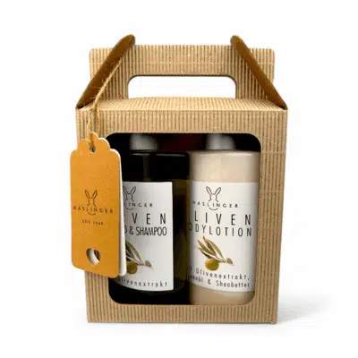 Haslinger Geschenk-Set Tragekarton Oliven, 1x Shampoo 200ml, 1x Bodylotion 200ml