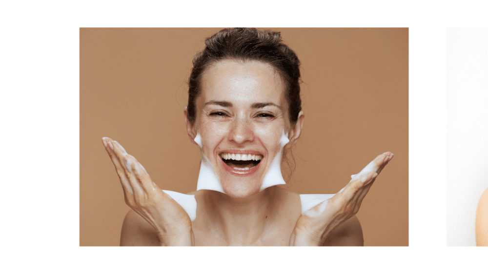 smiling young woman with foaming facial cleanser washing face